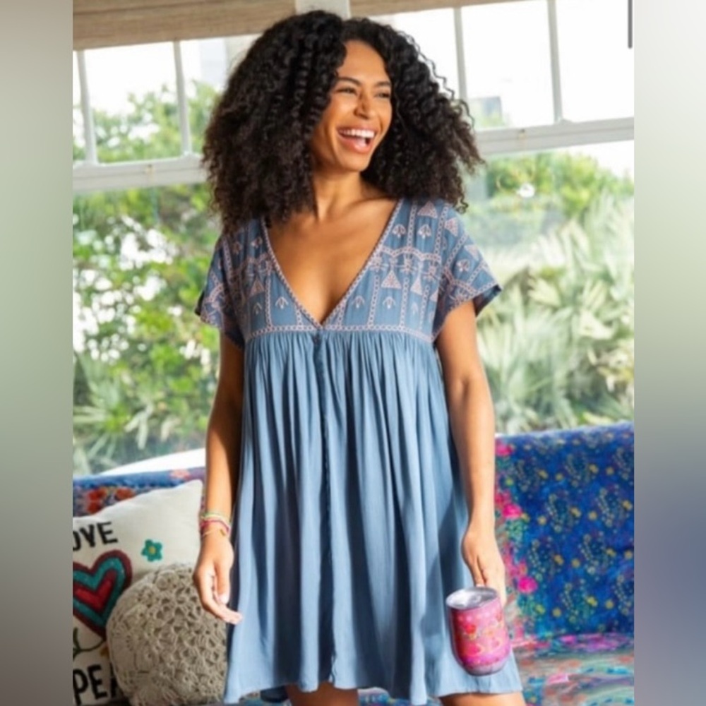 Natural Life Embroidered Easy Deep-V Dress - Slate Mauve - Size L
